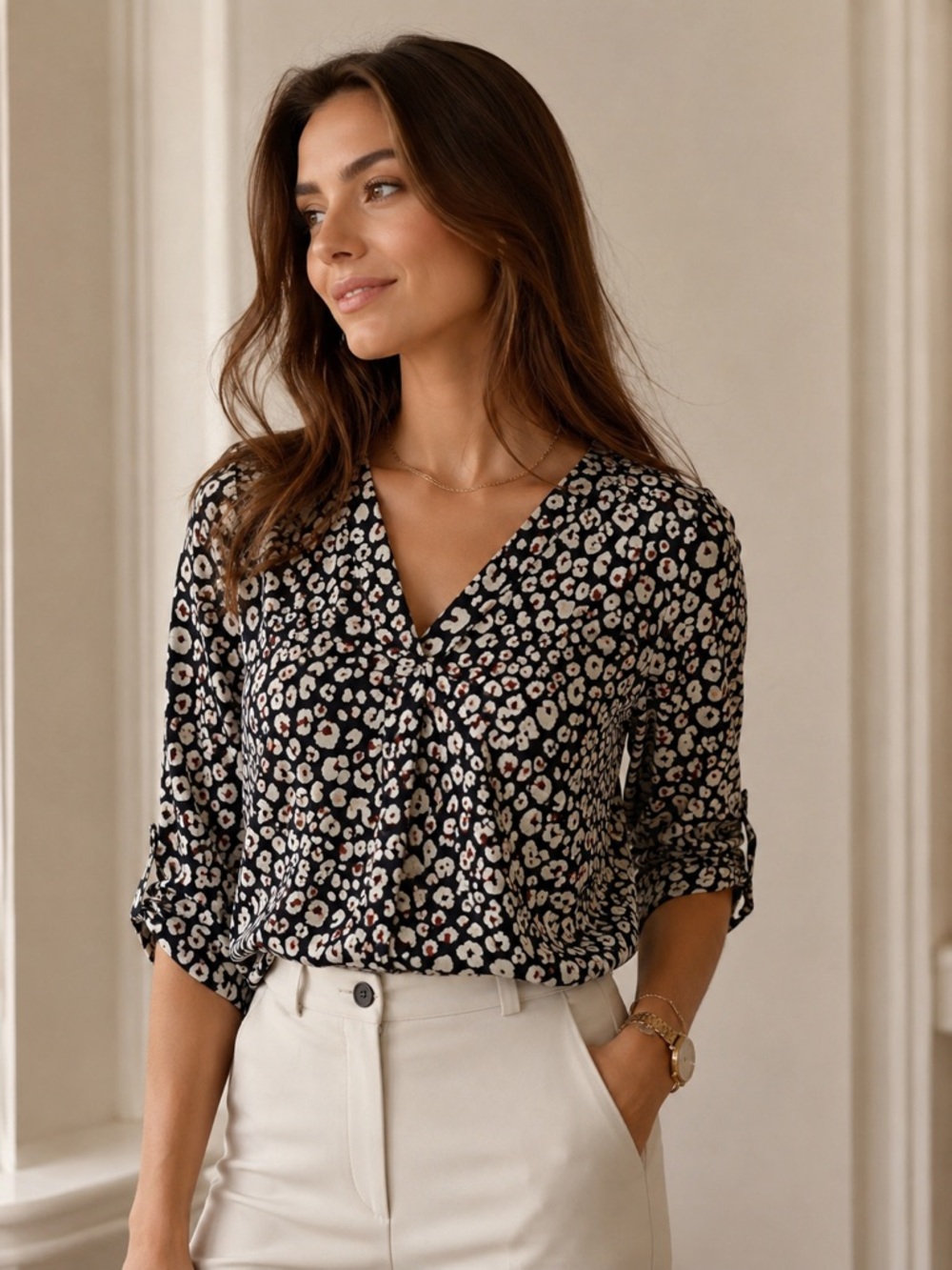 Beacon Leopard Print Blouse XS Black Cream V Neck 3/4 Sleeve Lightweight Top